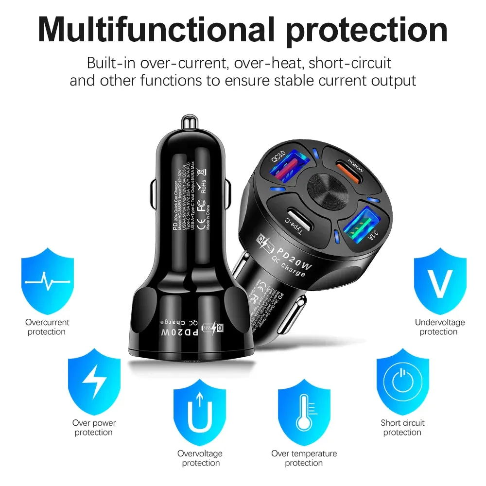 20w 4 Port Usb Car Charger for Fast Charging