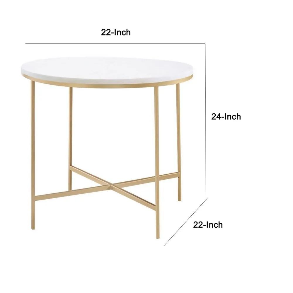24 Inch Side End Table, Rounded Marble Surface, Sleek Gold Metal Frame By Casagear Home