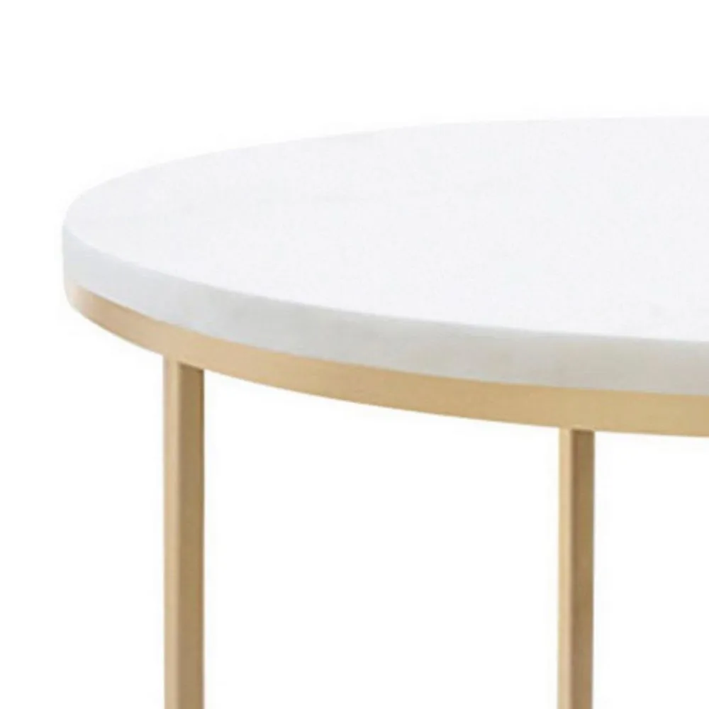 24 Inch Side End Table, Rounded Marble Surface, Sleek Gold Metal Frame By Casagear Home