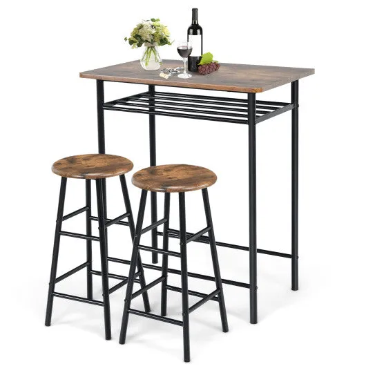 3 Pieces Bar Table Set with 2 Stools Teak-Rustic Brown