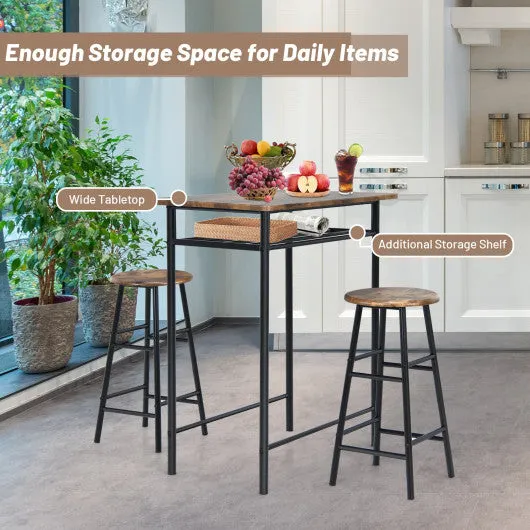 3 Pieces Bar Table Set with 2 Stools Teak-Rustic Brown