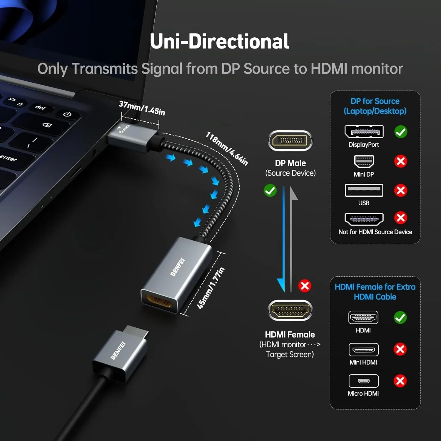 4K DisplayPort to HDMI Adapter | 2K 60Hz, 1080p 120Hz | Uni-Directional | DisplayPort to HDMI Converter