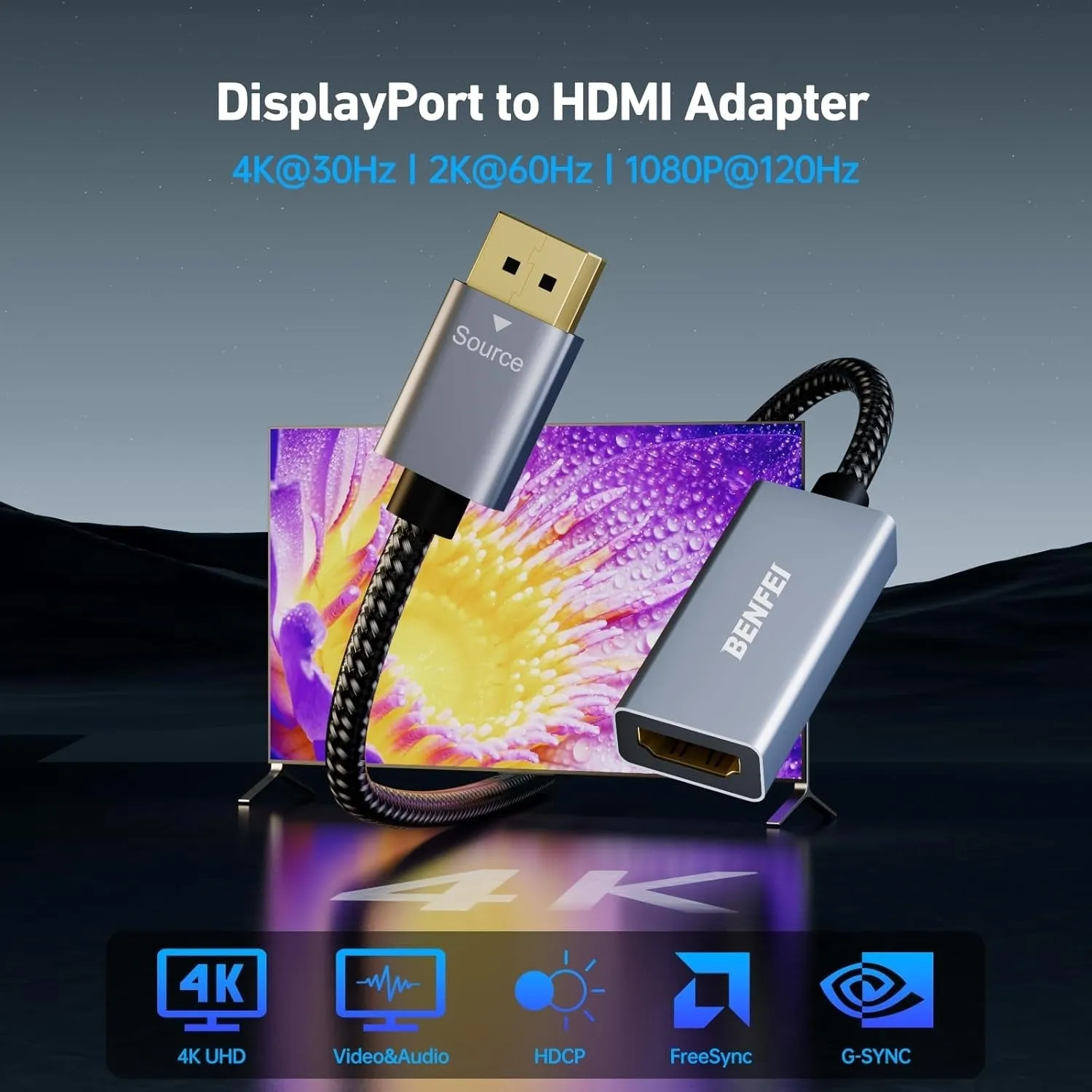 4K DisplayPort to HDMI Adapter | 2K 60Hz, 1080p 120Hz | Uni-Directional | DisplayPort to HDMI Converter