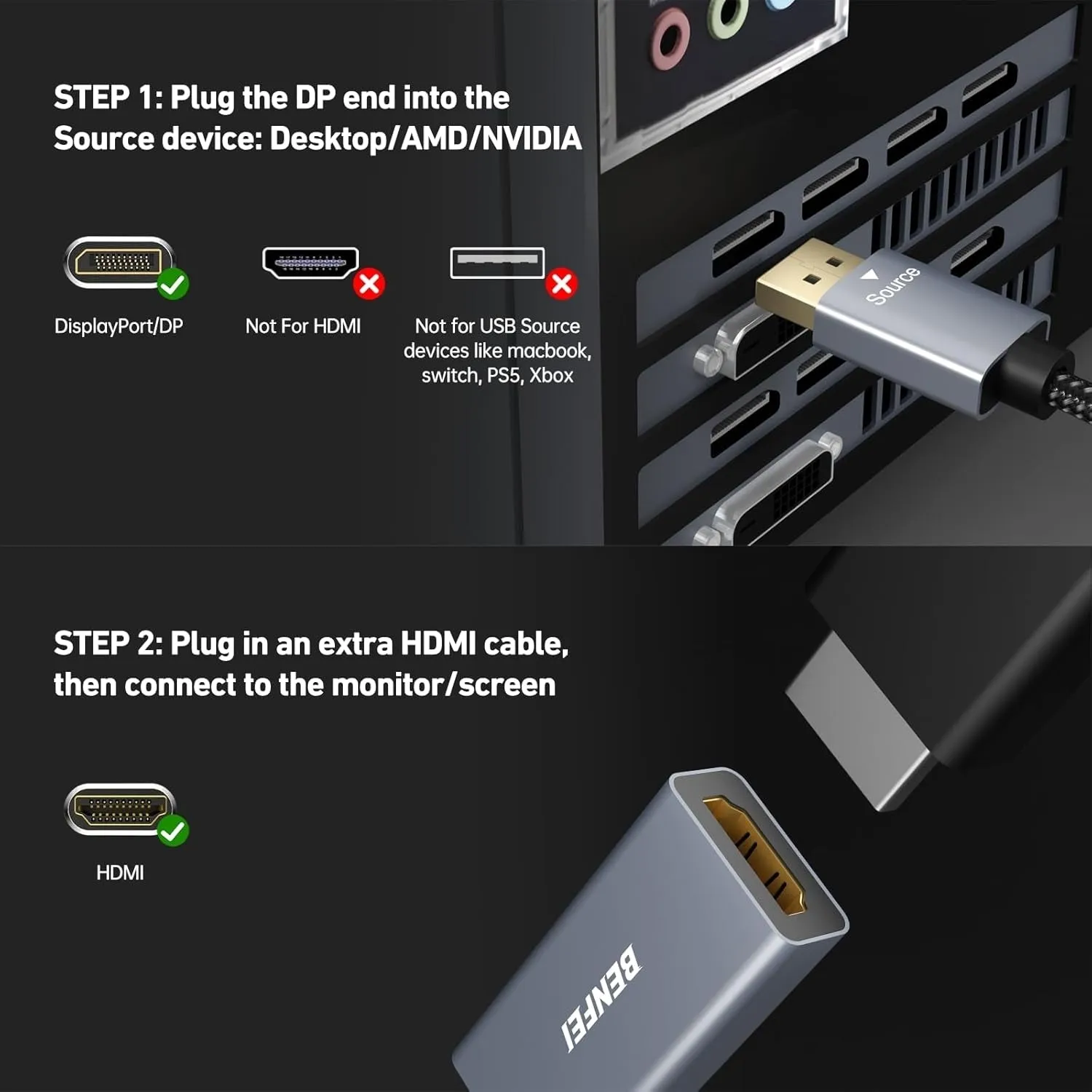 4K DisplayPort to HDMI Adapter | 2K 60Hz, 1080p 120Hz | Uni-Directional | DisplayPort to HDMI Converter