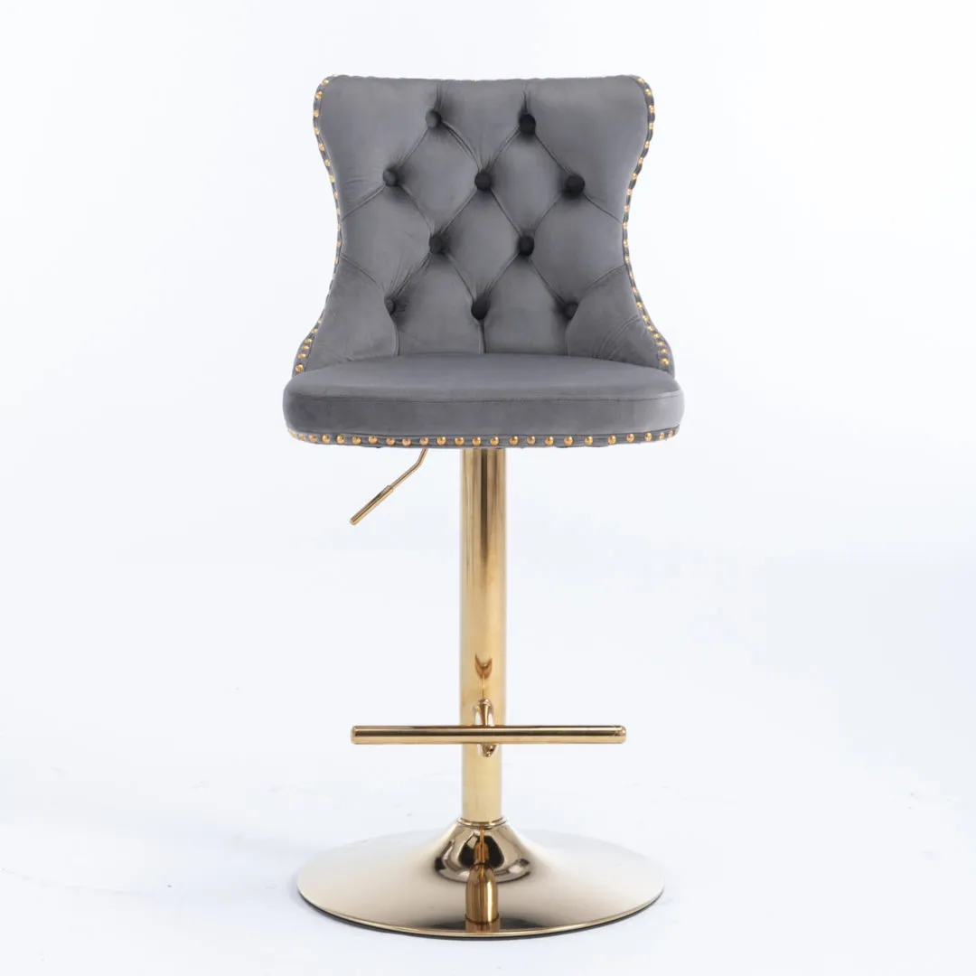 4x Height Adjustable Swivel Bar Stool | Velvet Studs | Barstool with Footrest | Golden Base | Gray