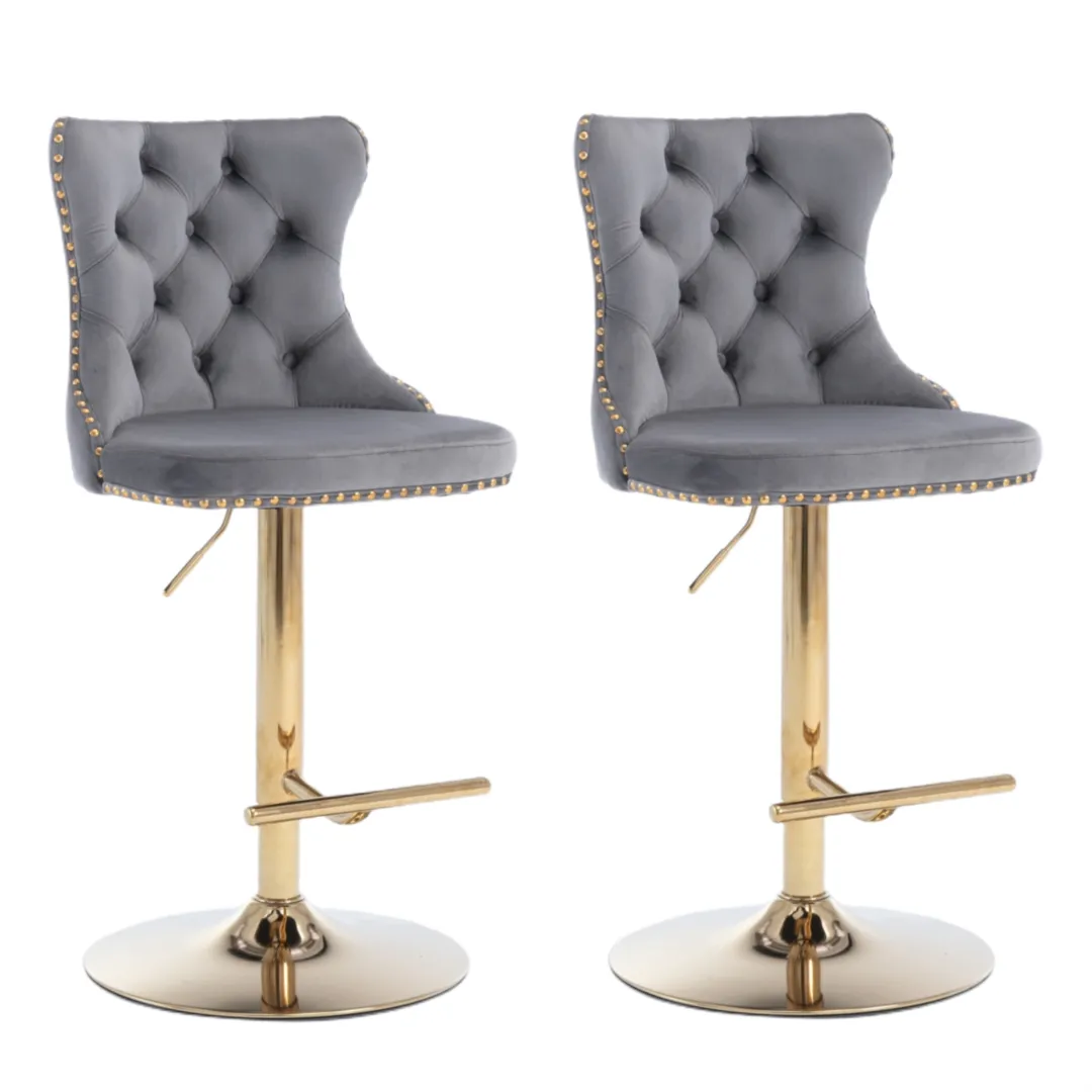 4x Height Adjustable Swivel Bar Stool | Velvet Studs | Barstool with Footrest | Golden Base | Gray
