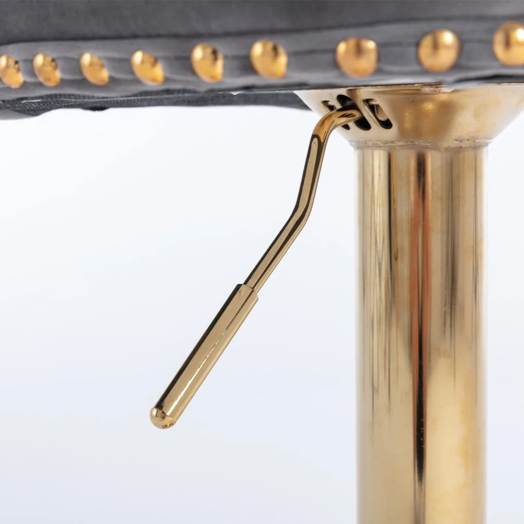 4x Height Adjustable Swivel Bar Stool | Velvet Studs | Barstool with Footrest | Golden Base | Gray