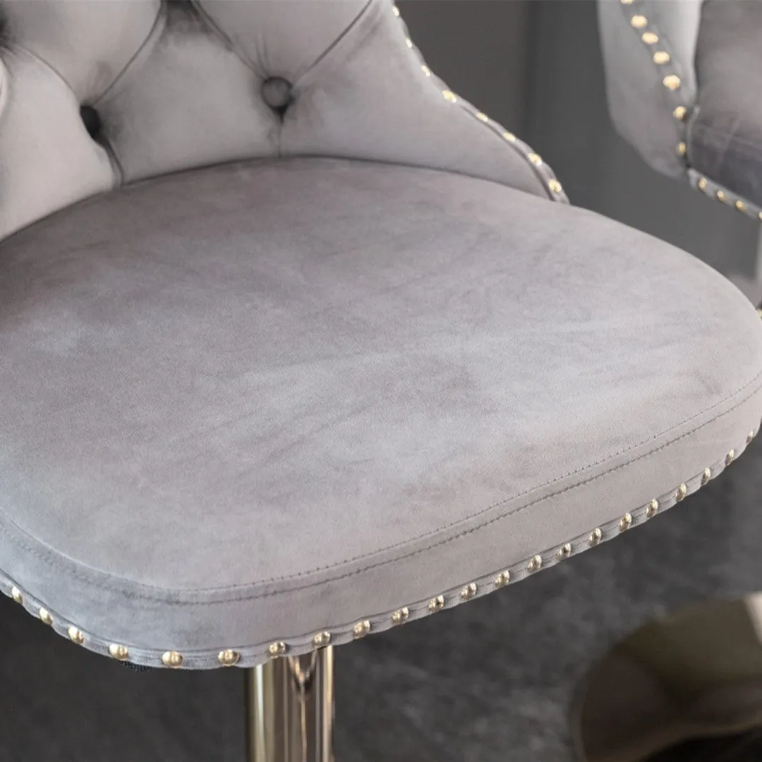 4x Height Adjustable Swivel Bar Stool | Velvet Studs | Barstool with Footrest | Golden Base | Gray