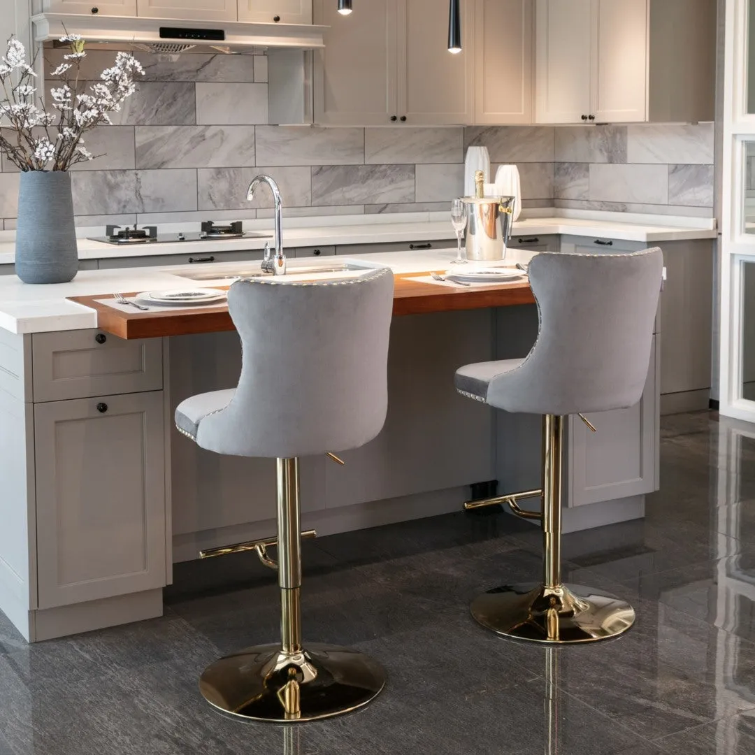4x Height Adjustable Swivel Bar Stool | Velvet Studs | Barstool with Footrest | Golden Base | Gray