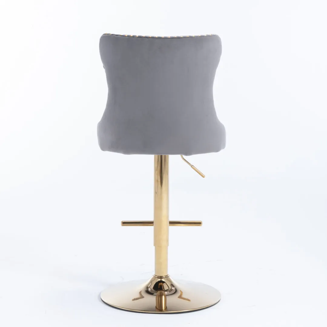 4x Height Adjustable Swivel Bar Stool | Velvet Studs | Barstool with Footrest | Golden Base | Gray