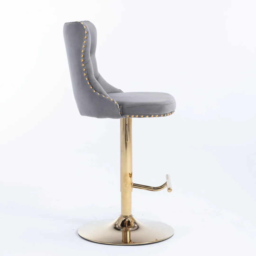 4x Height Adjustable Swivel Bar Stool | Velvet Studs | Barstool with Footrest | Golden Base | Gray
