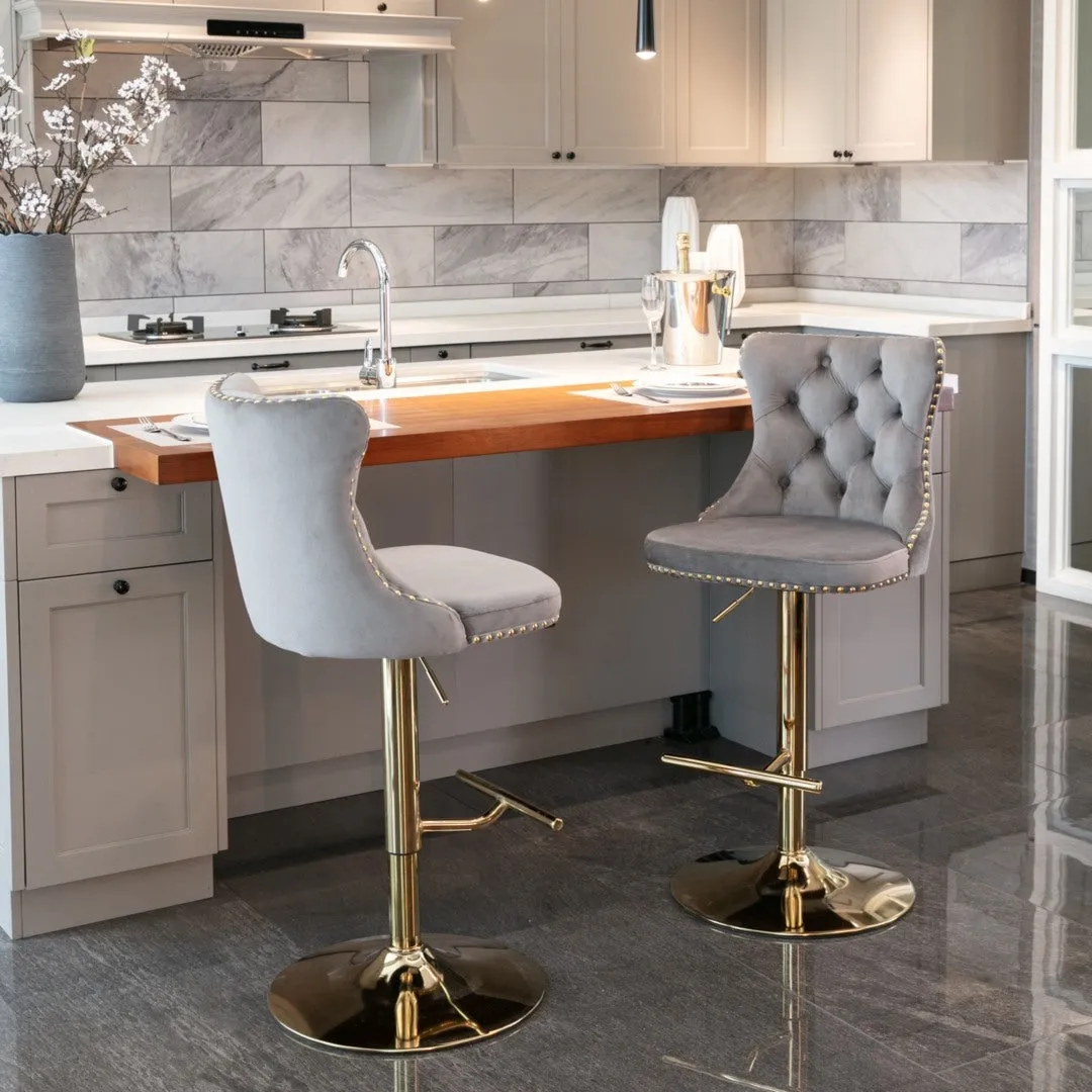4x Height Adjustable Swivel Bar Stool | Velvet Studs | Barstool with Footrest | Golden Base | Gray