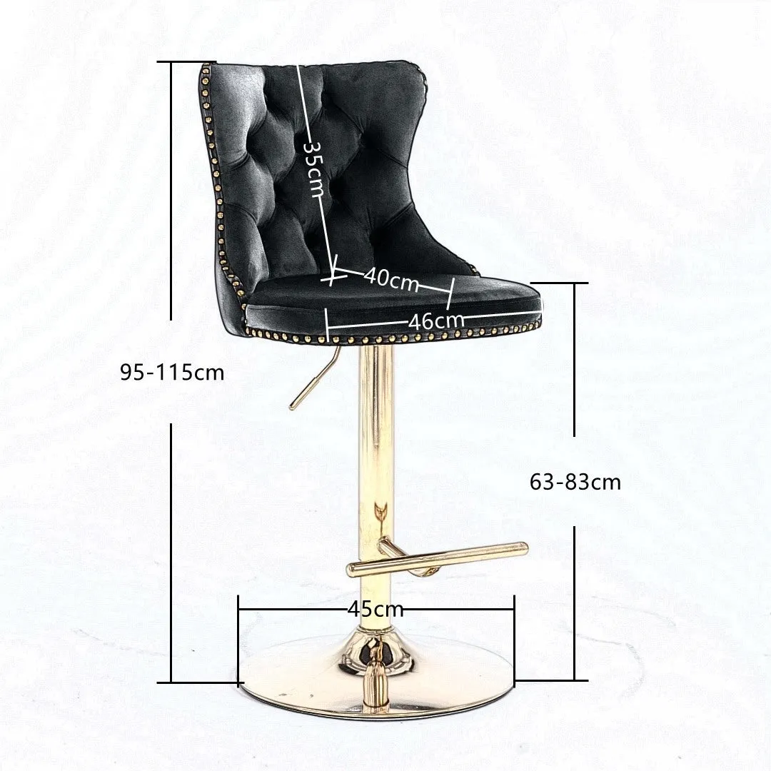 4x Height Adjustable Swivel Bar Stool | Velvet Studs | Barstool with Footrest | Golden Base | Gray