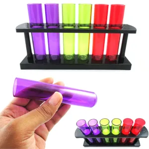 6 Plastic Shot Glasses Test Tube Bar Shatter Proof Rack Stand Holder Party Set