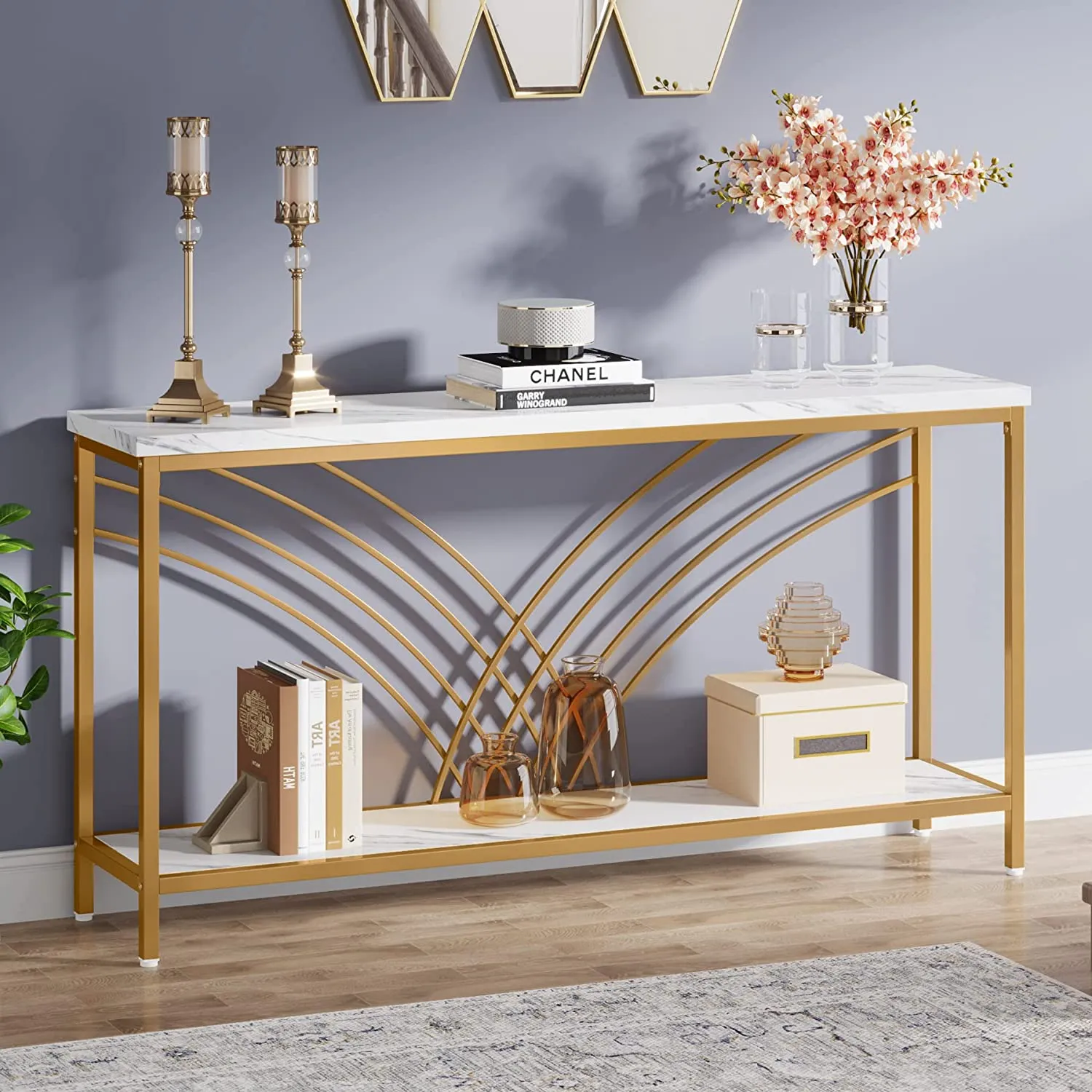 70.9" Console Table, Faux Marble Entryway Table with 2 Tier Storage Shelf