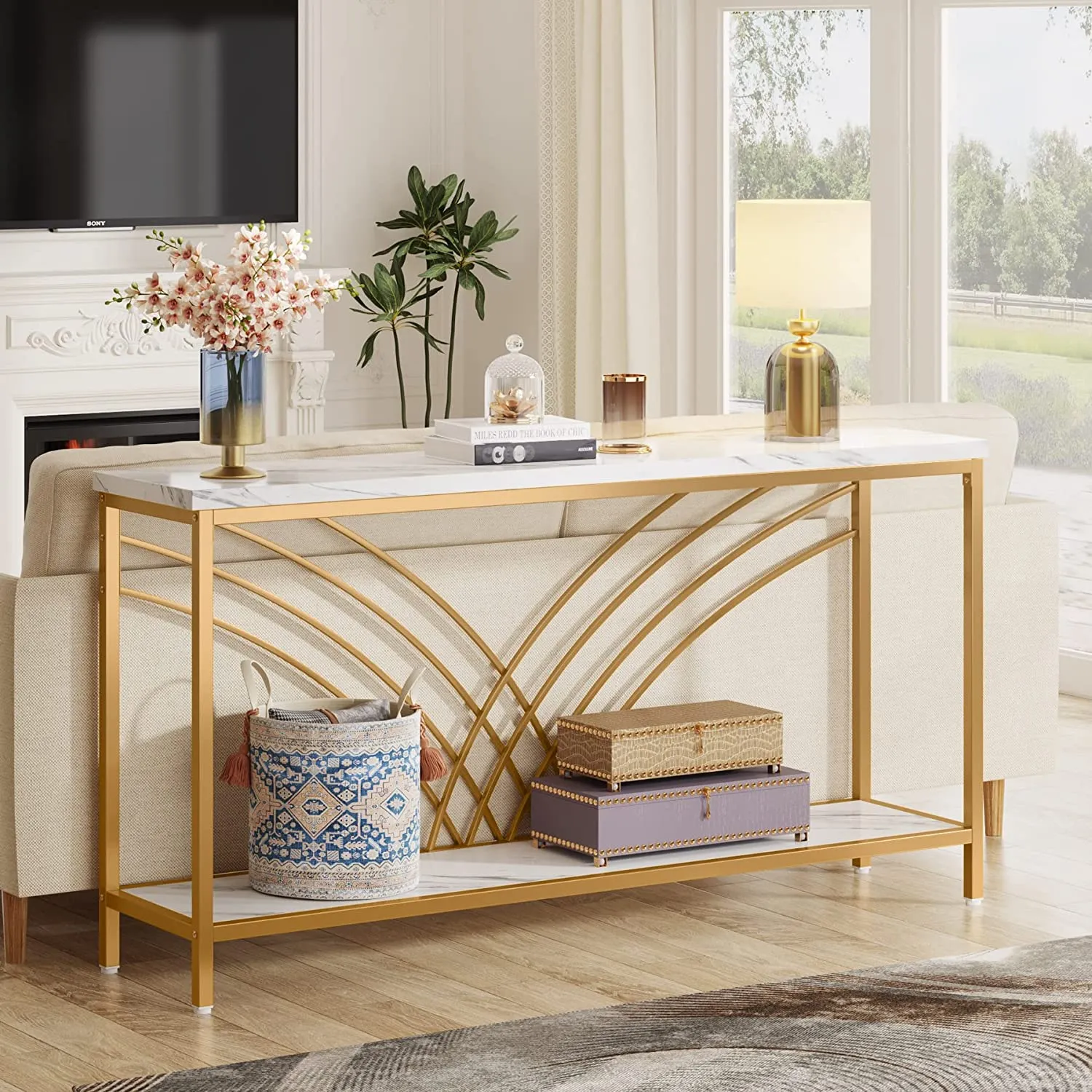 70.9" Console Table, Faux Marble Entryway Table with 2 Tier Storage Shelf