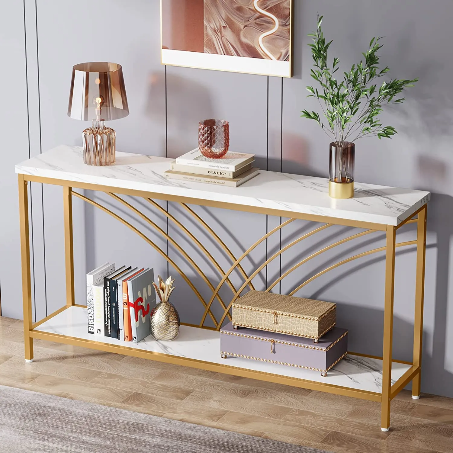 70.9" Console Table, Faux Marble Entryway Table with 2 Tier Storage Shelf