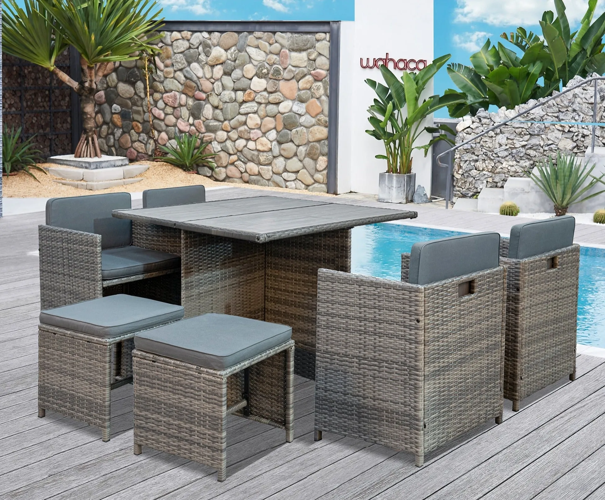 9 Piece Rattan Cube Garden Dining Set - Grey