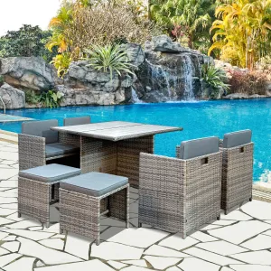 9 Piece Rattan Cube Garden Dining Set - Grey