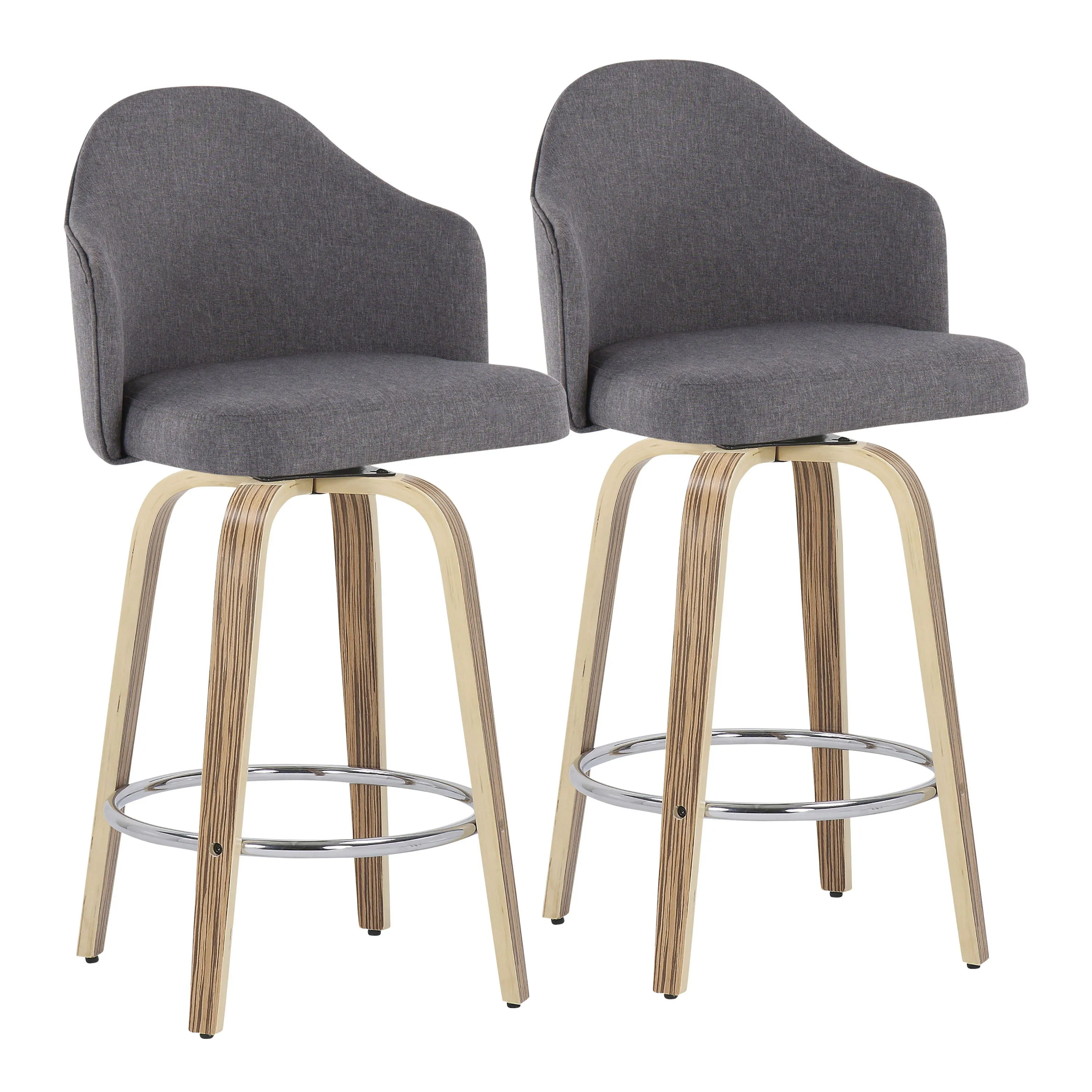 Ahoy - Mid-Century Modern Fixed Height Counter Stool With Zebra Legs / Round Chrome Footrest (Set of 2) - Gray by Couch.com