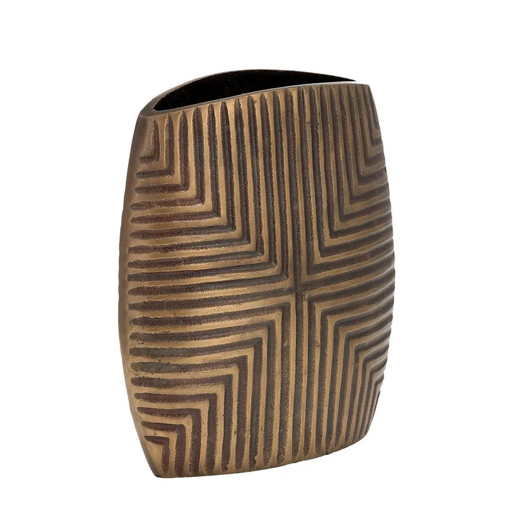 Ako 10 Inch Vase, Modern, Ribbed Body Design, Curved Top, Antique Brass By Casagear Home
