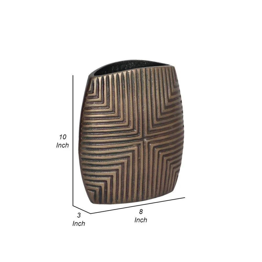 Ako 10 Inch Vase, Modern, Ribbed Body Design, Curved Top, Antique Brass By Casagear Home