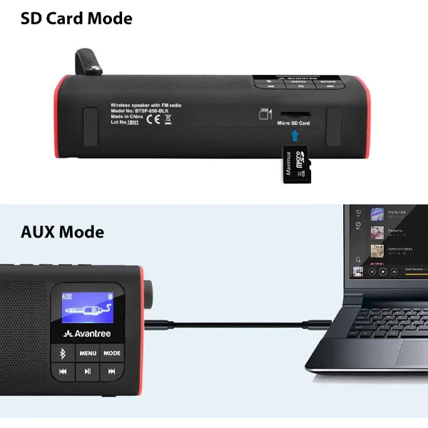 Avantree SP850 Rechargeable Portable FM Radio | Bluetooth Speaker and SD Card MP3 Player 3-in-1, Auto Scan Save, LED Display, Small Handheld Pocket Battery Operated Wireless Radio (No AM)