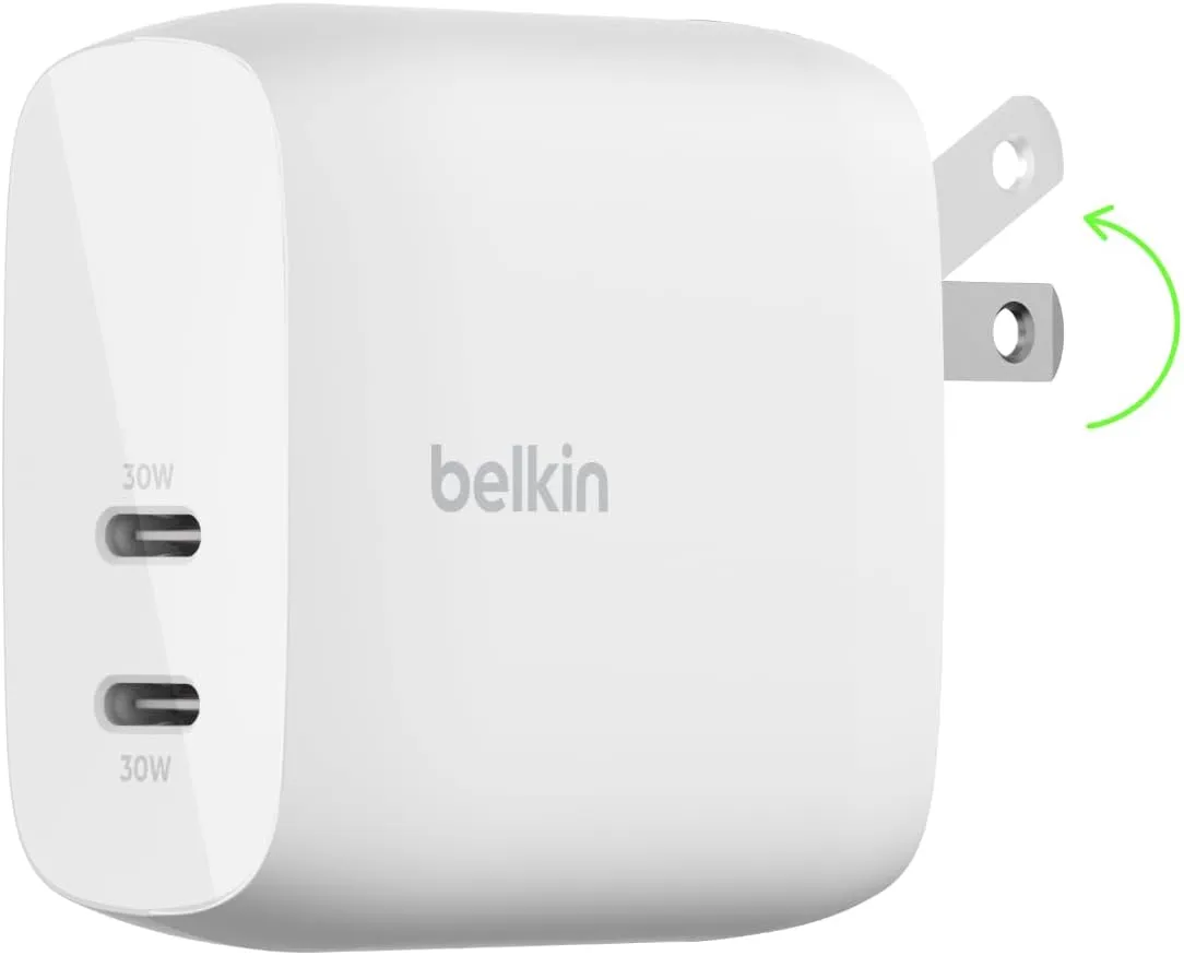 Belkin Boostcharge Dual USB-C Wall Charger W/Pps 60W for Apple Iphone 16, 16 Plus, 16 Pro, 16 Pro Max, Ipad, Galaxy S24, Google Pixel - Compatible W/Usb-C to Lightning Cable & USB-C to USB-C - White