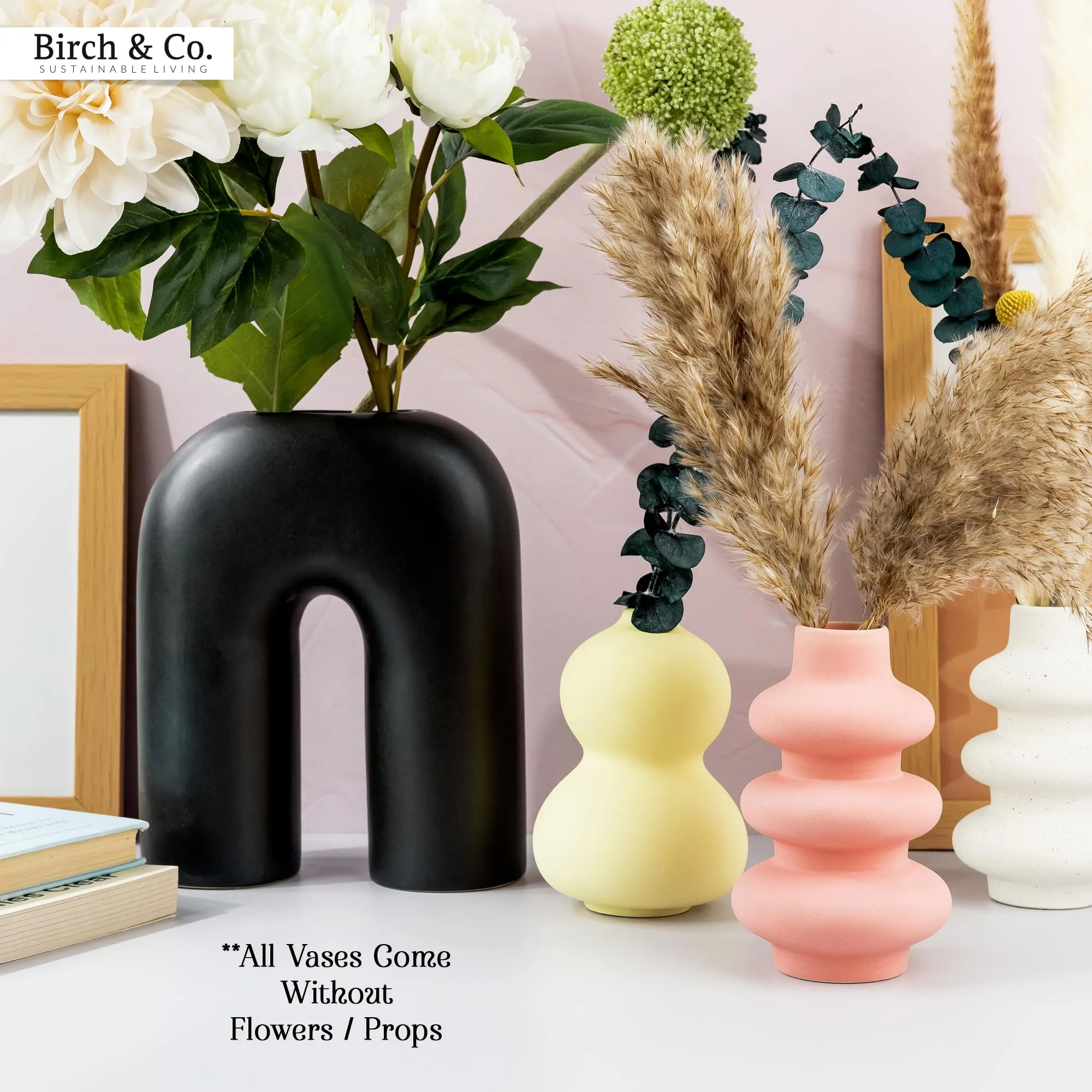 Birch & Co. Flower Vase- Vase- Vases for Home Décor- Flower Vases Home Decor- Flower Vase Big Size- Ceramic Vase- Vase for Living Room,Waterproof Earthy Matte Finish,Peanut Shape,6 Inches,Pink