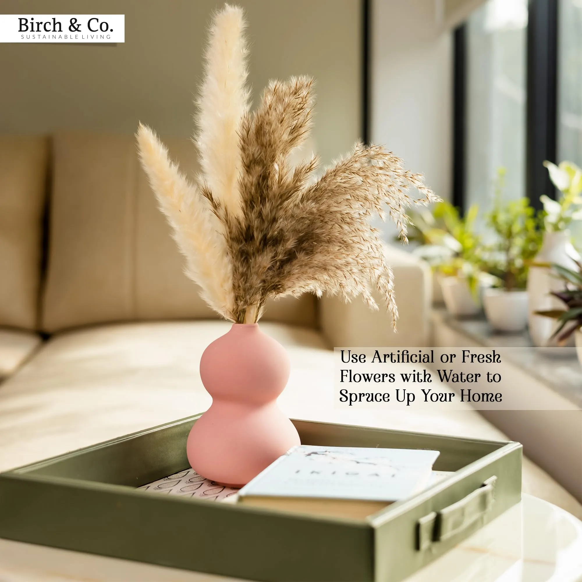Birch & Co. Flower Vase- Vase- Vases for Home Décor- Flower Vases Home Decor- Flower Vase Big Size- Ceramic Vase- Vase for Living Room,Waterproof Earthy Matte Finish,Peanut Shape,6 Inches,Pink