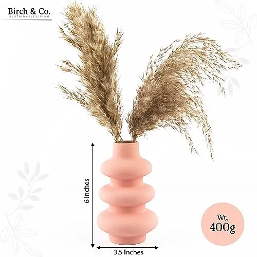Birch & Co. Flower Vase- Vase- Vases for Home Décor- Flower Vases Home Decor- Flower Vase Big Size- Ceramic Vase- Vase for Living Room,Waterproof Earthy Matte Finish,Wave Shape,6 Inches,Pink