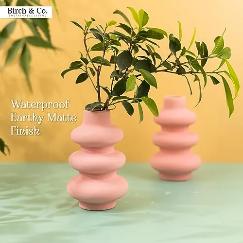 Birch & Co. Flower Vase- Vase- Vases for Home Décor- Flower Vases Home Decor- Flower Vase Big Size- Ceramic Vase- Vase for Living Room,Waterproof Earthy Matte Finish,Wave Shape,6 Inches,Pink