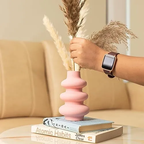 Birch & Co. Flower Vase- Vase- Vases for Home Décor- Flower Vases Home Decor- Flower Vase Big Size- Ceramic Vase- Vase for Living Room,Waterproof Earthy Matte Finish,Wave Shape,6 Inches,Pink