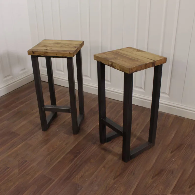 Breakfast Bar Kitchen Worktop Table Solid Wood Stool Set Industrial Reclaimed Butchers Block Island Pine Oak Bench Rustic Steel Metal Seat