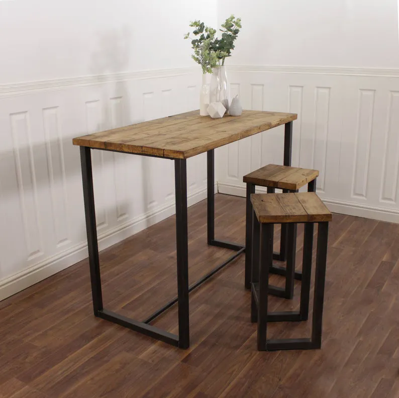 Breakfast Bar Kitchen Worktop Table Solid Wood Stool Set Industrial Reclaimed Butchers Block Island Pine Oak Bench Rustic Steel Metal Seat
