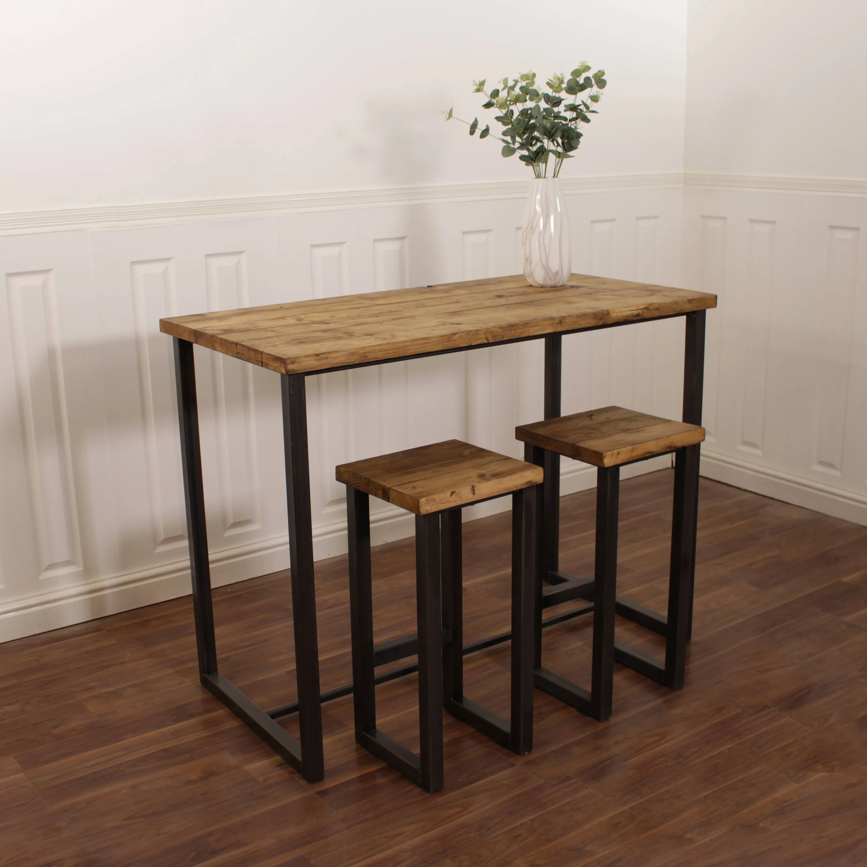 Breakfast Bar Kitchen Worktop Table Solid Wood Stool Set Industrial Reclaimed Butchers Block Island Pine Oak Bench Rustic Steel Metal Seat
