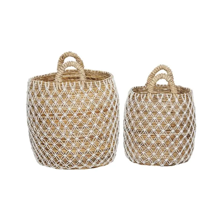 BROWN BANANA LEAF HANDMADE STRING DETAIL STORAGE BASKET WITH HANDLES