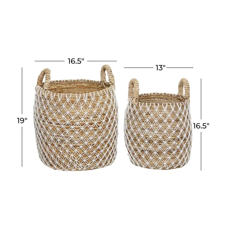 BROWN BANANA LEAF HANDMADE STRING DETAIL STORAGE BASKET WITH HANDLES