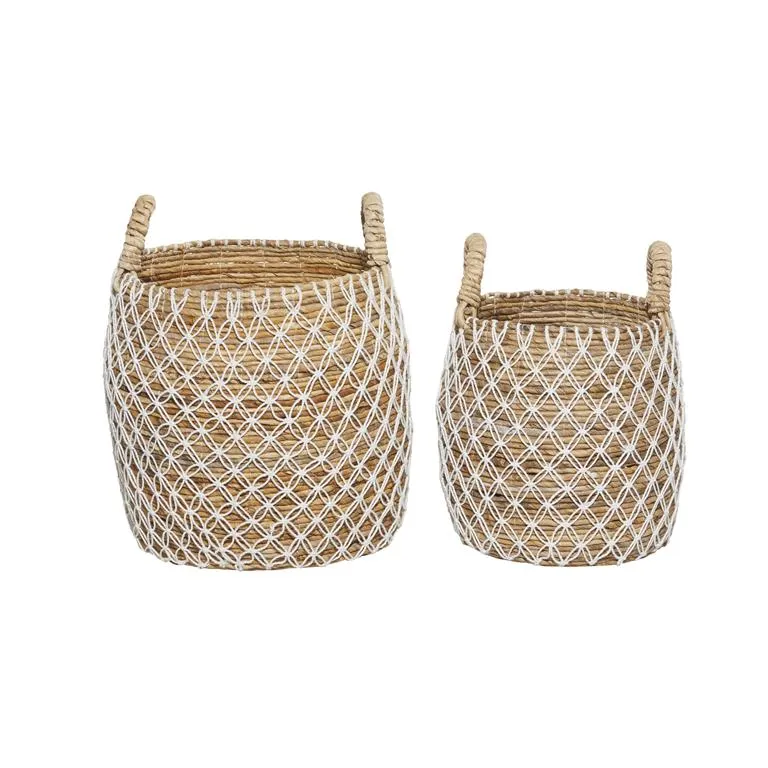BROWN BANANA LEAF HANDMADE STRING DETAIL STORAGE BASKET WITH HANDLES