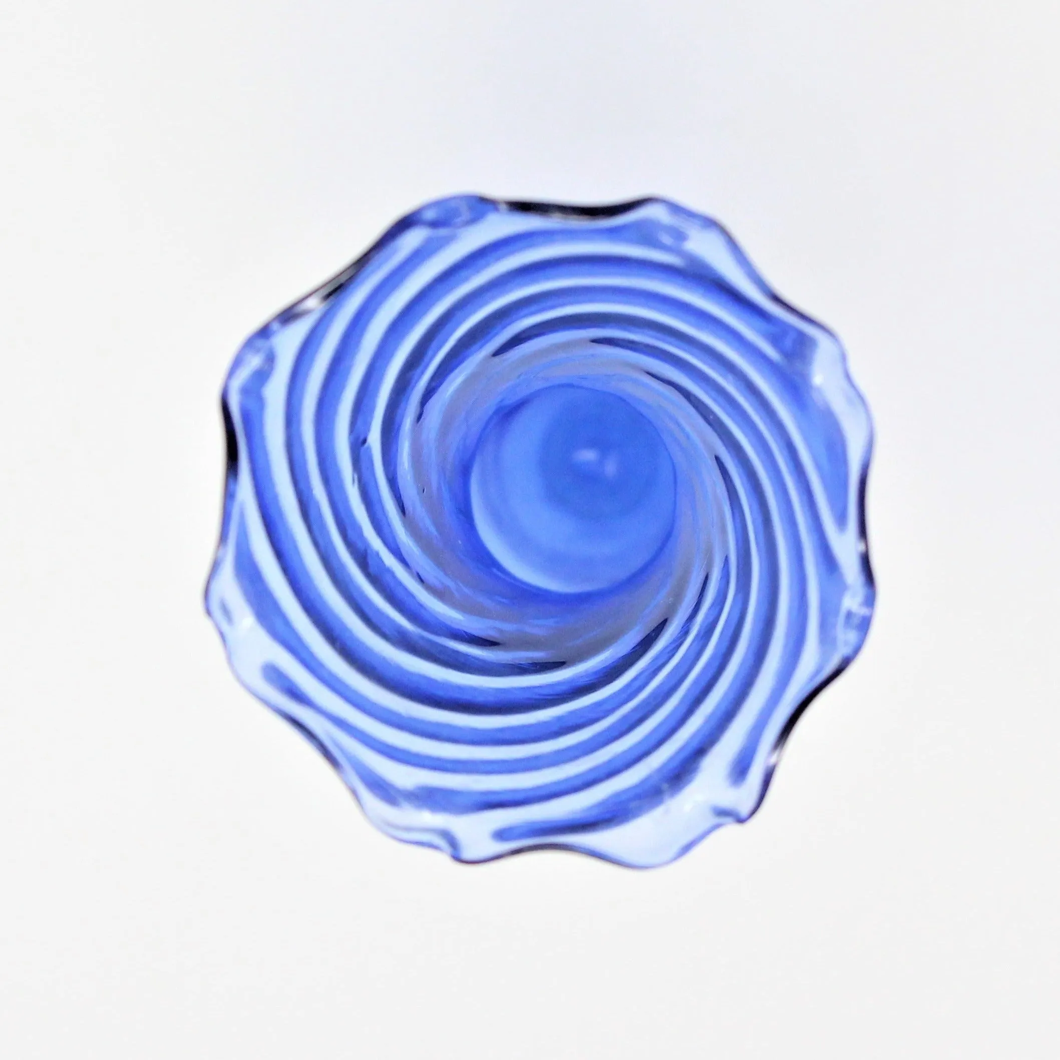 Bud Vase, Hand Blown Blue Glass, Ruffled Rim Art Glass Vase & Twisted Clear Foot, Vintage