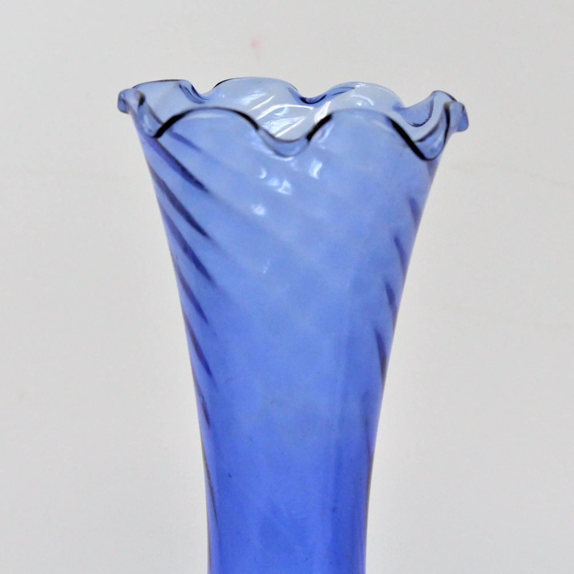 Bud Vase, Hand Blown Blue Glass, Ruffled Rim Art Glass Vase & Twisted Clear Foot, Vintage