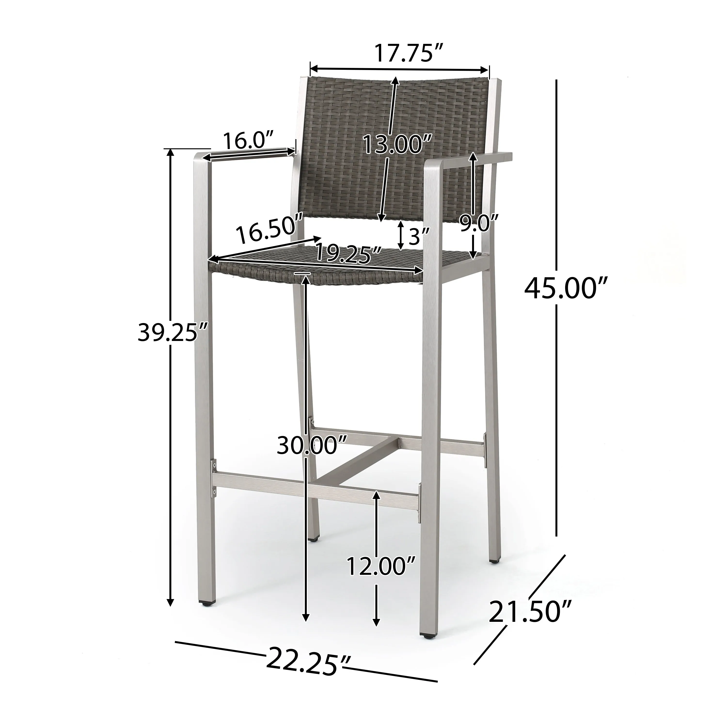 Capral Outdoor Modern 3-Piece Gray Wicker Bar Set with Aluminum Frame