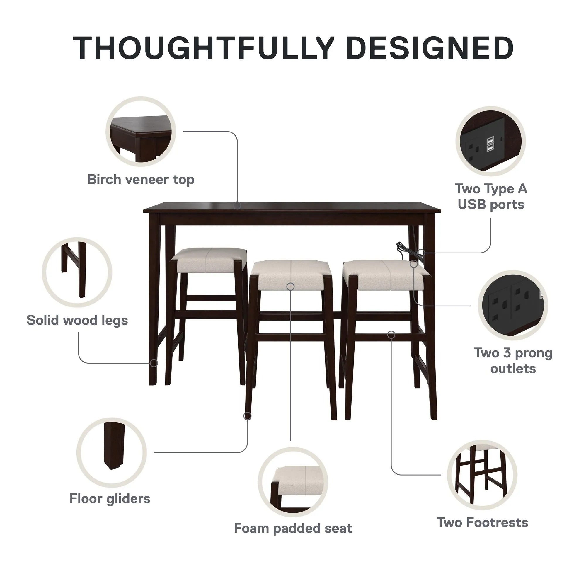 Dallon Sofa Table with 3 Stools and USB Charger