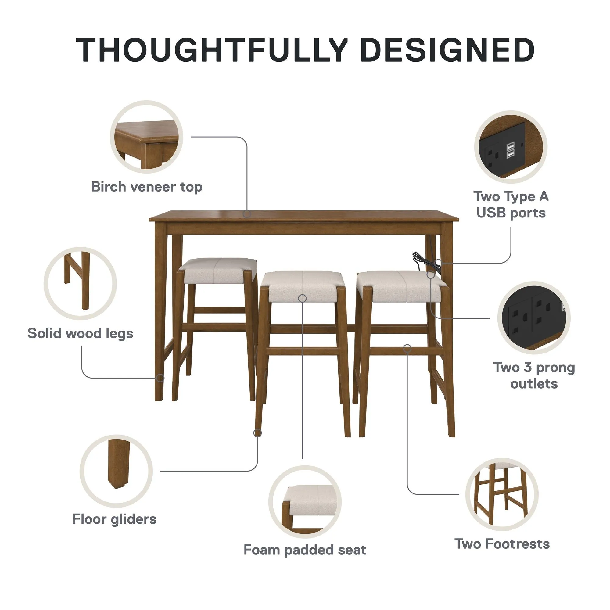 Dallon Sofa Table with 3 Stools and USB Charger