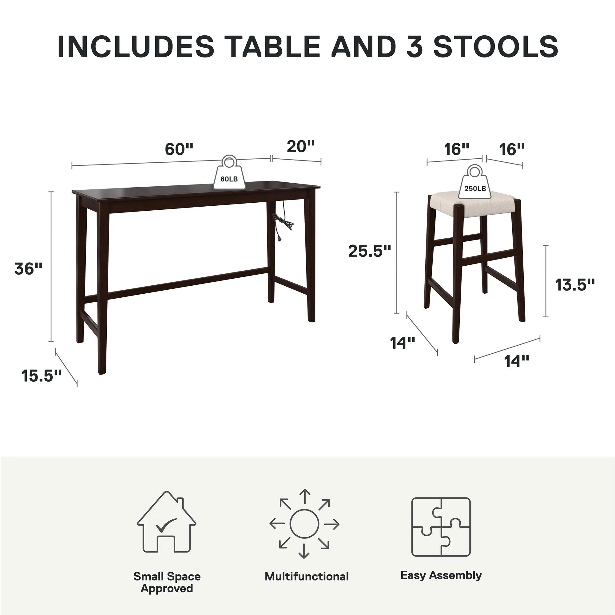 Dallon Sofa Table with 3 Stools and USB Charger