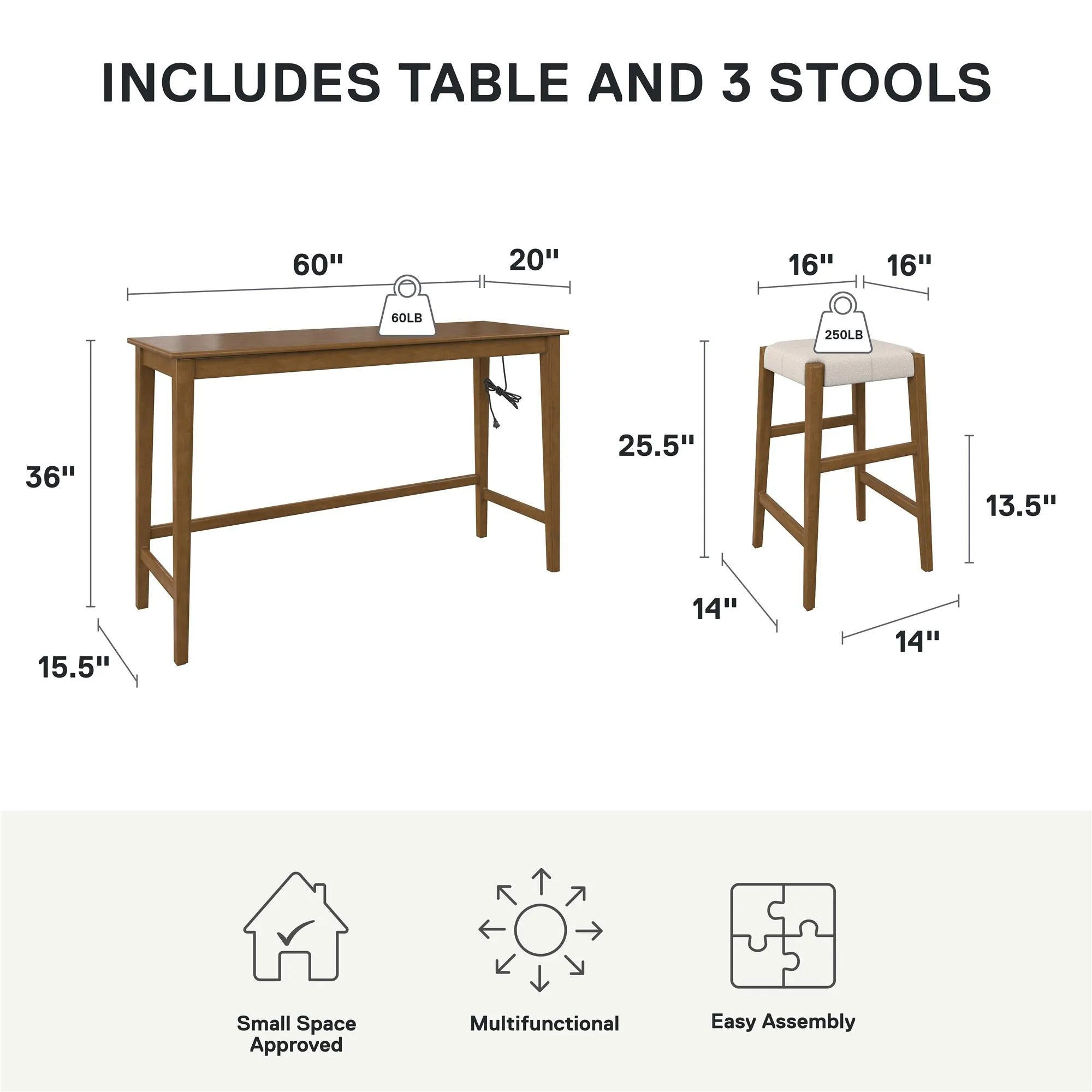 Dallon Sofa Table with 3 Stools and USB Charger