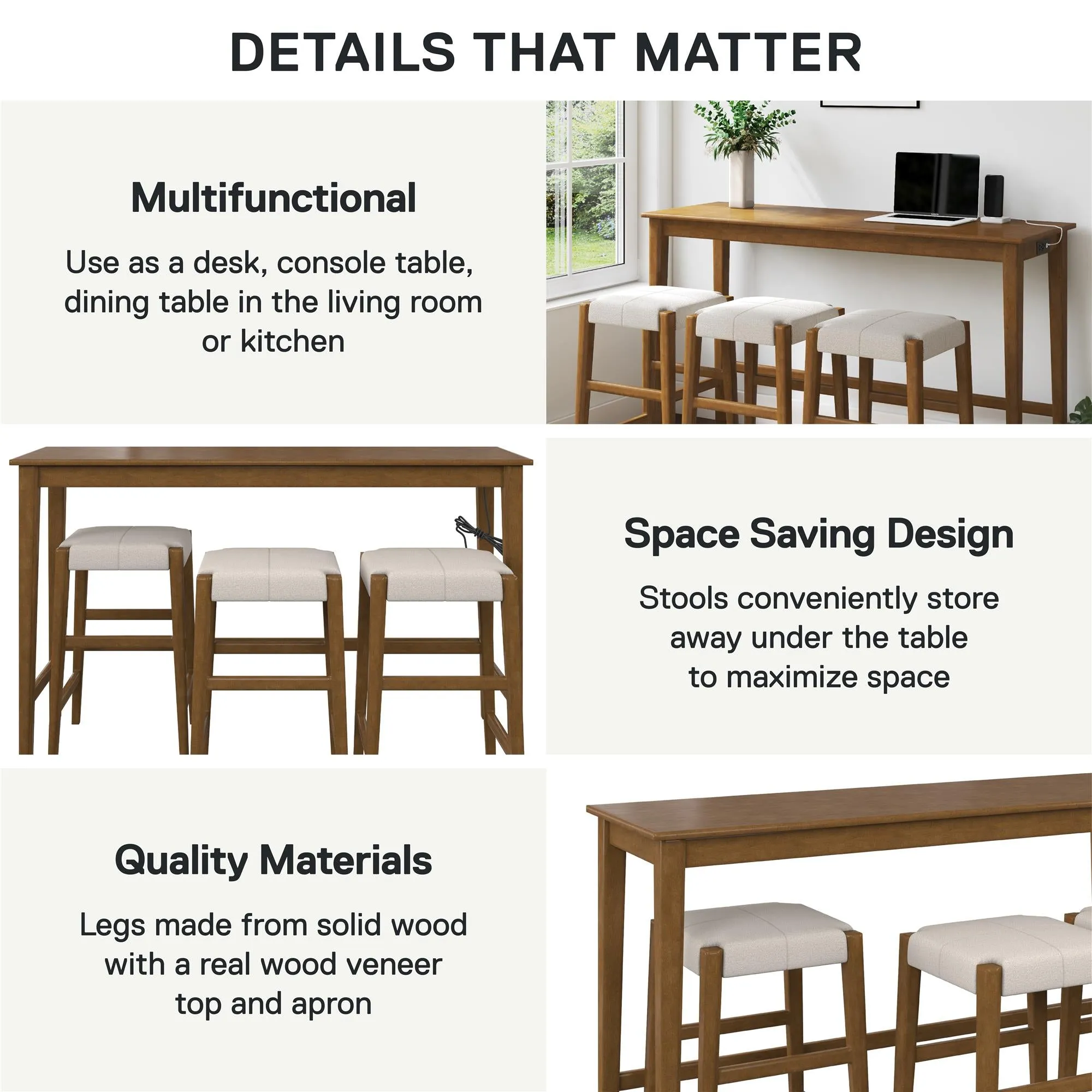Dallon Sofa Table with 3 Stools and USB Charger