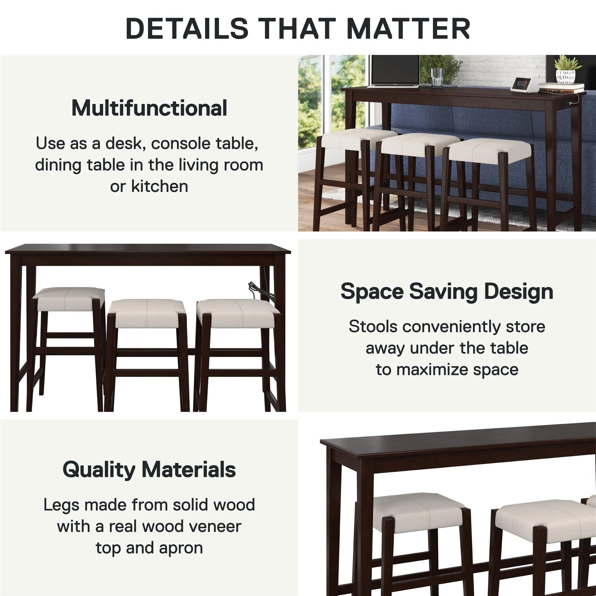 Dallon Sofa Table with 3 Stools and USB Charger