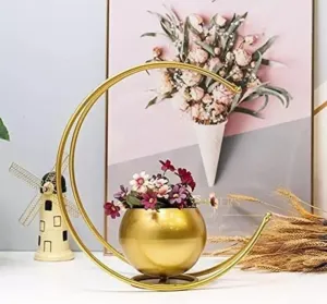 Dream Deco Metal Geometric Design Vase with Gold Finish - Designer Moon Shape Vase Gold Metal Moon Shape Flower Pot, Table Decorative Flower Pot (Size 24 x 24cm)
