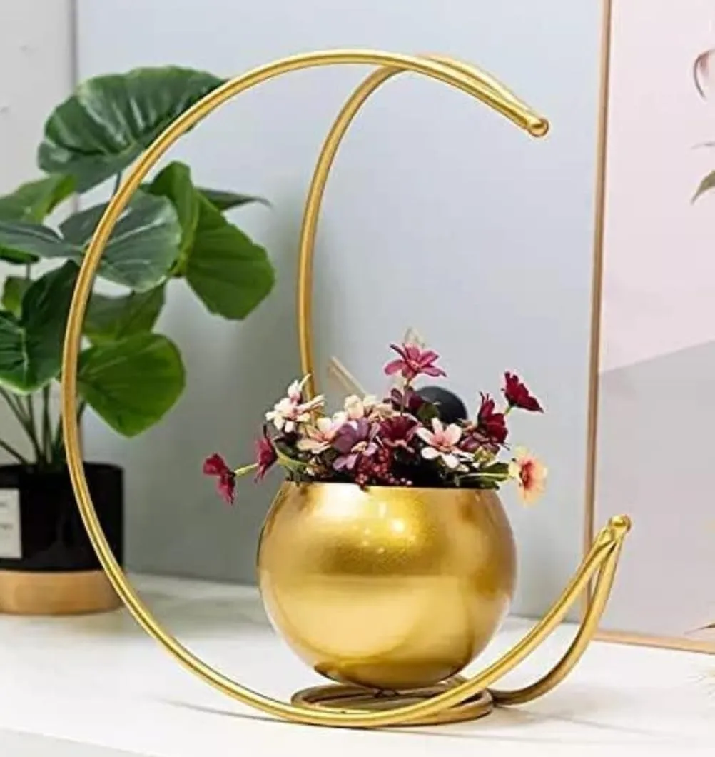 Dream Deco Metal Geometric Design Vase with Gold Finish - Designer Moon Shape Vase Gold Metal Moon Shape Flower Pot, Table Decorative Flower Pot (Size 24 x 24cm)